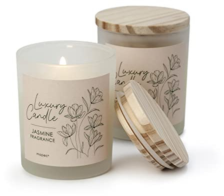 Mopec HI2 Confezione da 4 candele con aroma gelsomino in barattolo di vetro Ø5,5 x 8 cm e coperchio in legno
