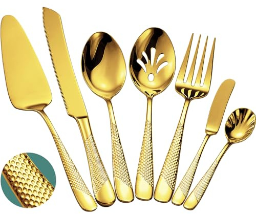 Xideman® 7-delars hamrat serveringsbestick av rostfritt stål 18/10 – värdinnebestickset med tårtknivar och tårtspade (Guld)