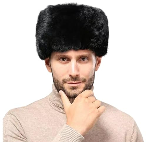 Men Winter Trapper Hat Faux Fur Russian Trooper Hat Furry Ushanka Hat Warm Dad Hat Outdoor Windproof Hunting Ski Cap Black