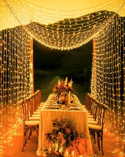 Yomistar Lichtervorhang 6m x 3m 600 LED Lichterketten Vorhang mit Stecker, Timer, 8 Modi Lichterkette Fenster Wasserdicht Vorhang Lichterkette für Hochzeit Pavillon Garten Wand Deko - Warmweiß