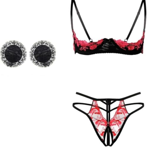 mini kitty Women Sexy Lingerie Set Quarter Push Up Bra and Panties Floral Lace Embroidery Underwear Set Cutout Balconette Shelf Bra Knickers with Nipple Cover 3 Pieces (Red, One Size)