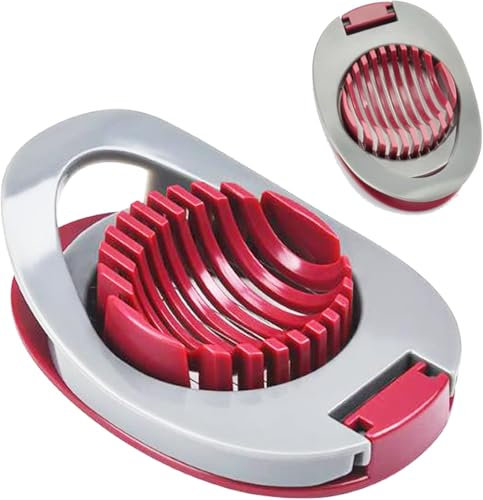 Plastic Egg Slicer with Stainless Steel,Boiled Egg Cutter,Egg Separator,Wire Egg Slicer, Multifunctional Egg Cutter for Evenly Slicing Boiled Eggs Ham Banana and Strawberry,Red