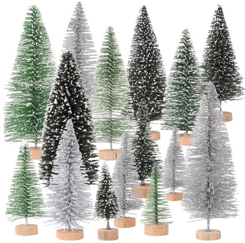 15pcs Mini Christmas Tree Snowy Small Christmas Tree Xmas Table Decorations Tabletop Mini Artificial Christmas Tree Green Silver Tabletop Christmas Tree