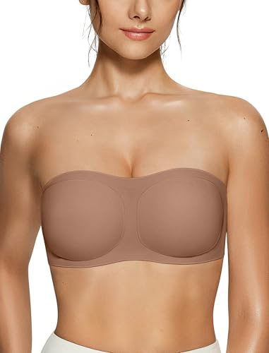 Vertvie Womens Strapless Bra Jelly Push Up Seamless Bandeau Bra Wireless Non Slip Silicone Tube Top Bras Padded Bralette(Coffee,Medium)