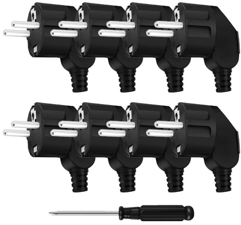 HIULLEN 8 Stücke Schuko Stecker, 250V/16A Schukostecker Gummi mit Zugentlastung, Schutzkontakt-Stecker mit Knickschutztülle, Schukostecker Außenbereich Eurostecker für 8-10mm Kabel,Langlebig Bruchfest
