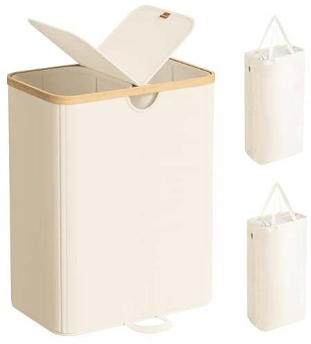 SONGMICS Cesto Portabiancheria a 2 Scomparti, Porta Biancheria 150 L, con Coperchio, Sacchi Interni Rimovibili, per Lavanderia Camera da Letto Soggiorno, Bianco Crema e Beige Naturale LCB523W01