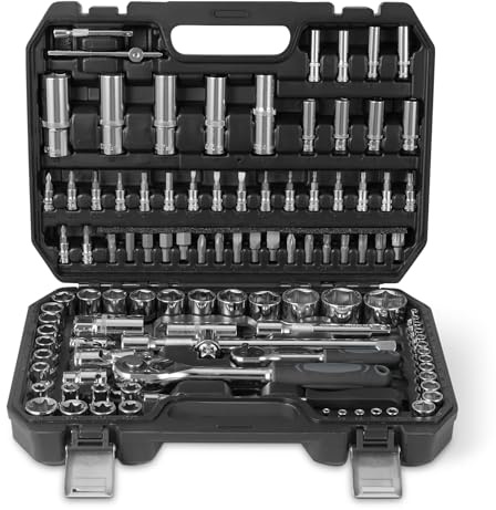 Amazon Basics Steckschlüsselsatz mit Ratschen, Verlängerungen und Bits, CRV-Stahl, Ratschenschlüssel-Set für Heimwerker und Autoreparaturen, 108 Teile, Inklusive Aufbewahrungskoffer