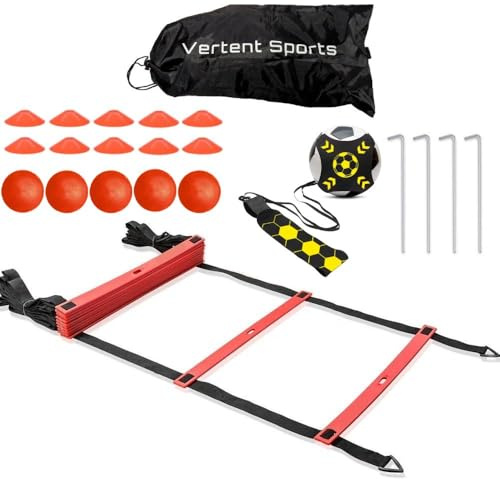 Vertent Football Training Equipment Set, Agility Ladder (6M), 10 Cones, 5 Flat Cones + Kick Trainer