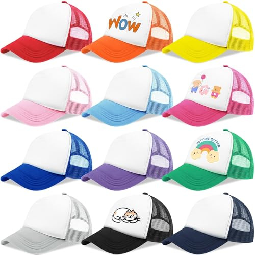 ASMIZ Lot de 12 Casquette Trucker Enfant Blanche à Personnaliser - Casquette Enfant Sublimation DIY, Chapeau Vierge à Décorer pour Loisirs Créatifs, Peinture et Activité Manuelle Anniversaire