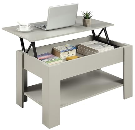 Home Treats Wooden Coffee Table Lifting Space Saving Storage Shelf | Lift Up Coffee Table Top For Living Room Office Entryway (Grey)