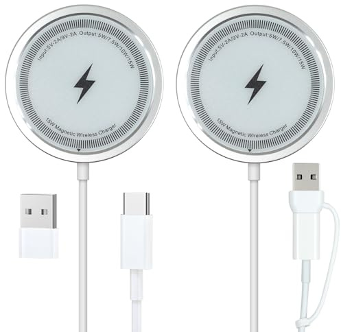 2 Pack 15W Chargeur Induction pour iphone, Chargeur Magnétique Rapide avec Adaptateur USB C, Magnétique Charger Convient pour La Maison, Les Voyages, pour iPhone 17/16/15/14/13/12 Series, Airpods 3/2/