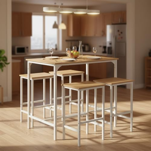 buybyroom Tavolo da bar con sgabello da bar – Set da pranzo con 4 sedie effetto rovere con venature, 100 x 60 x 90 cm
