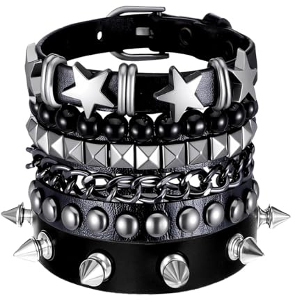 KNUIUYY 4 Pezzi Braccialetti Unisex Punk in Pelle con Borchie, Bracciale Scheletro, Bracciale Gothic, Polsino con Borchie per Halloween Natale Feste in Costume Concerti Rock
