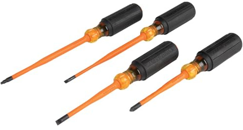 Klein Tools 33734INS 1000V Slim Tip Insulated Screwdriver Set, Phillips, Cabinet, Square Slim-Tip, Cushion Grip Handle, 4-Piece