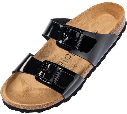 Palado Pantoletten Damen Samos - elegante Sandalen Made in Spain - bequeme Hausschuhe mit dämpfendem Kork-Fußbett - modische Sommerschuhe Lack Schwarz UK3,5 - EU36