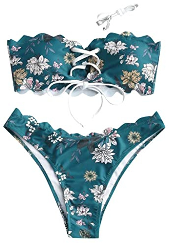 SoLu DAY8 Maillot De Bain Femme 2 Pieces Bandeau Bustier Sexy Bikini Uni Bresilien String Tanga Soutien Gorge Triangle Deux Brassiere Grande Taille Push Up Amincissant Shorty (Bleu, M)