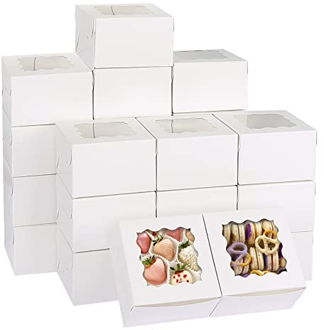 Moretoes 120pcs White Bakery Boxes, 4x4x2.5 Inch Cookie Boxes with Window for Small Cake, Treats, Donuts, Candy