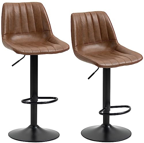 HOMCOM 2er Set Barhocker, 91-111 cm Höhenverstellbarer Küchenhocker, Barstuhl, Bistrohocker mit Fußring, Tresenhocker für Esszimmer, Kunstleder, Stahl, Braun