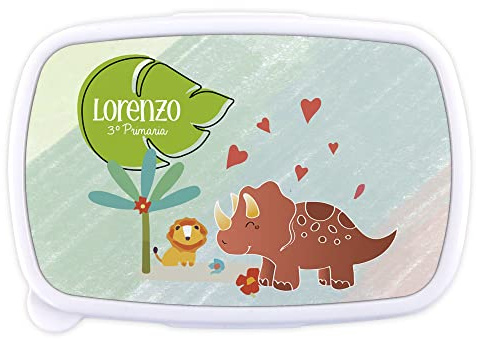LolaPix Tupper Pequeño Infantil Personalizada. Caja merienda con Nombre y Curso. Apta para microondas y Libre de BPA, filatos y Metales Pesados. Varios diseños. Dino León Infantil