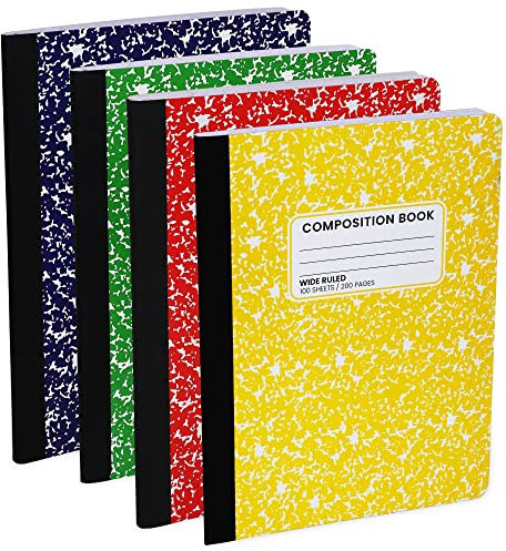 Wide Ruled Notebook, Composition Notebooks Wide Ruled Composition Book, Wide Rule Notebook Paper -9-3/4 x 7-1/2” - 100 Sheets (200 Pages) - Sewn Binding, Durable Marble Cover, Assorted Colors - (4
