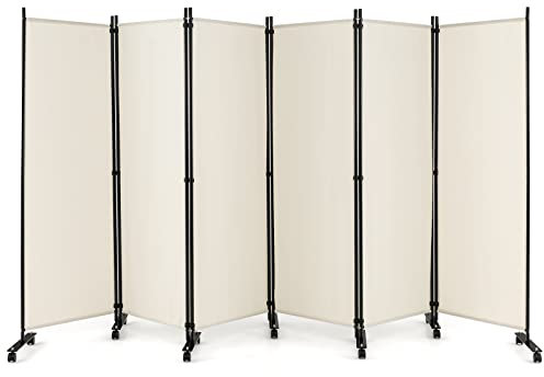 CASART Folding Room Dividers, 6 Panels Movable Protective Privacy Screens with Lockable Wheels, Steel Frame Portable Fabric Screen Room Partition for Home Office (White)