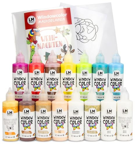 LM-Kreativ Window Color - Set de Noël 15 pièces - 13 couleurs + 2 contours - Peinture pour fenêtres festives, à base d’eau, idéale pour décorer et offrir