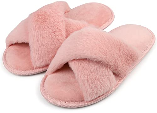 riemot Tofflor Dam,Fluffiga Damtofflor med Öppen Tå,Mjuka Innetofflor med Korsband,Memory Foam och TPR-sula för Hem och Sovrum