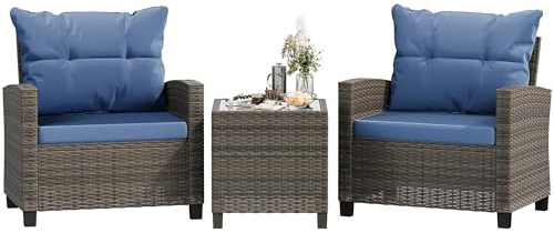 Shintenchi 3 Pieces Patio Furniture Set 3 Pieces PE Rattan Wicker Chairs with Table Outdoor Furniture for Backyard/Garden/Poolside/Outdoor Restaurant Gary Rattan with Blue Cushion