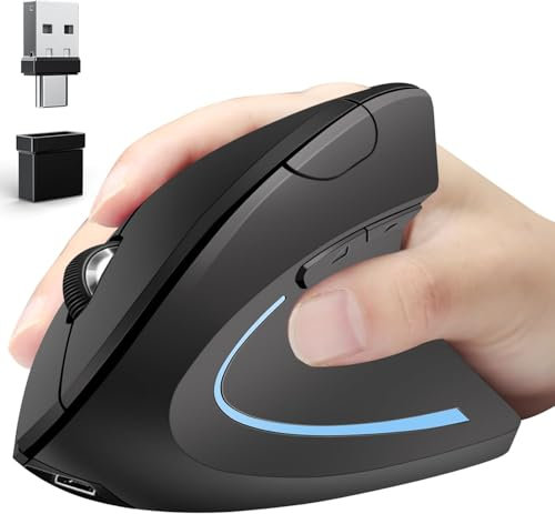 Qxvnm Ergonomic Mouse Vertical -Rechargeable 2.4GHz Optical (Bluetooth+USB+USB C) modes Wireless Mice- 800/1200/1600DPI 6 Buttons for Laptop Computer PC