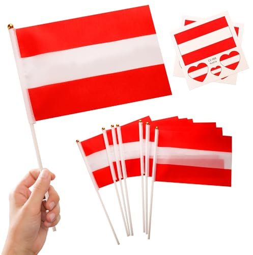 10 Petits Drapeaux Autriche sur Tige & 2 Tatouages, Mini Pavillon Autrichien Main avec Bâton pour Coupe du Monde Football 2026 Fête Nationale Décoration Fête Déco Défilé Sport Jeux