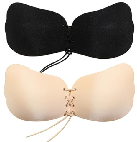 Push Up Bra for Women, 2 Packs Invisible Adhesive Strapless Backless Bra, Stick on Bra with Drawstring, Skin Friendly Sticky Padded, for Everyday Wearing, Party, Wedding, multi-color, B Cup