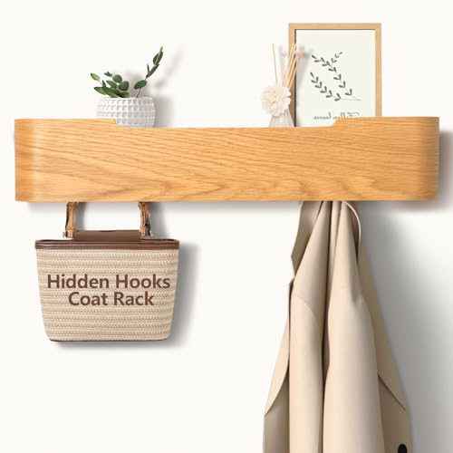 Vägggarderob | Garderobskrok | Väggmonterad klädstång | Garderobpanel av massivt äkta trä | Vägggarderob med dolda krokar | Modern design (ek, 5 krokar)