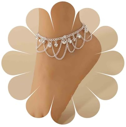 Aneneiceera Bracelet De Cheville Boho Argent Cloche Pendante Bracelets De Cheville Chaîne À Pompons Indien Gitan ChaînePied Bijoux Pour Femmes (argent)
