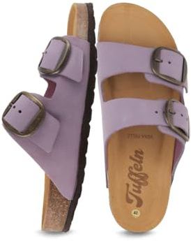 Tuffeln Leder-Sandalen Föhr mit weichem Korkfußbett Zweischnaller Pantoletten, Lila Gr. 39