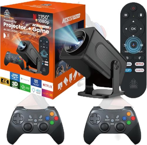 Projecteur et jeu HCS350 Pro+, projecteur de jeu intelligent rétro 4K 1980 * 1080P intégré 36000 jeux, jeu vidéo portable avec 2 contrôleurs sans fil, 5G WiFi Bluetooth, HDMI, Android 12, home cinéma