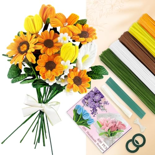 400pcs Pipe Cleaners for Craft, Pipe Cleaners for Tulip Bouquet, | Fuzzy Sticks Craft Supplies for Flower DIY Craft Kit Gift,Chenille Stems DIY Arts & Crafts with Tutorial (Sunflower)