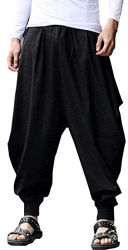 ONTTNO Men's Harem Pants Loose Stretchy Waist Casual Hippie Trousers (Black)