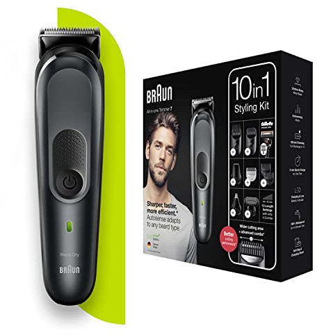 Braun Multi-Grooming-Kit 7, 10-in-1 Barttrimmer, Haarschneider/Haarschneidemaschine, Haarentfernung Herren, Kopf-, Körperhaare, 8 Aufsätze, Vatertagsgeschenk, MGK7331,schwarz/grau-metallic