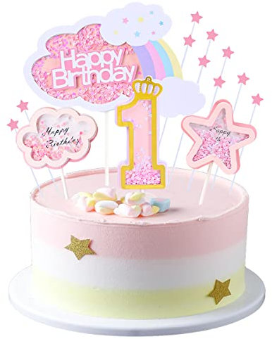 Kawailay 1° compleanno decorazione torta ragazza – Happy Birthday arcobaleno Cake topper nuvole stelle coperchio torta per baby shower ragazza compleanno rosa