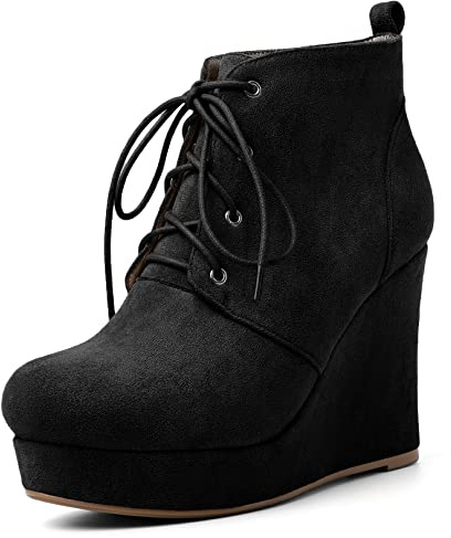 AUMOTED Women's High Heels Wedge Lace up 100 mm Ankle Boots Round Toe Shoes for Dress Suede Black US Size 10