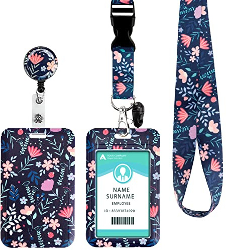 Lanyard with Card Holder, Adjustable Retractable Lanyards ID Badge Holder, for ID Card, Office, School(Pink Blue Flower)