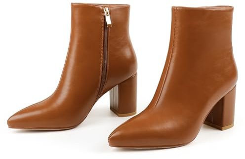 JOY IN LOVE Women's Ankle Boots Chunky Block Heel Pointed Toe Zipper Booties Brown US 7