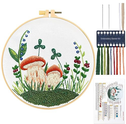JSRQT Pilz Stickerei Kreuzstich Set,Embroidery Starter Kit,Blumen Stickerei Stick Starter Kit für Anfänger Erwachsene