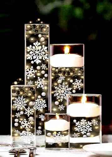 50 Floating White Snowflakes & Pearls- With 3 Warm White Submersible LED Fairy Lights Strings & Hidable Submersible Battery- Plus Transparent Water Gels which Fills 1 Gallon for Your Vases & Prep Bag