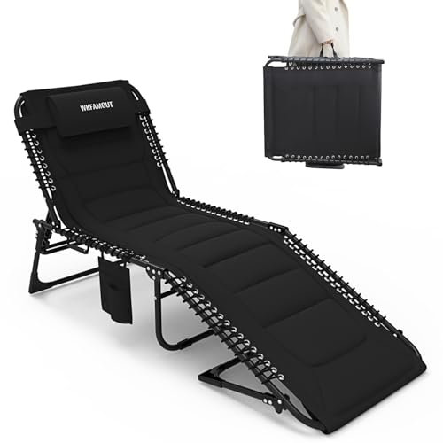 WKFAMOUT Übergroß Sonnenliege Klappbar Gartenliege 5Verstellbarer Rückenlehne Outdoor Faltbar XXL Dreibeinliege Strandliege Campingbett bis 150KG mit Kissen Seitentasche 200x68CM Schwarz