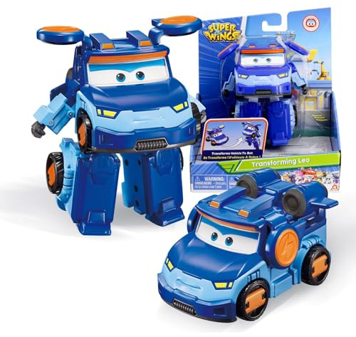 Super Wings Transformable aeroplano Supercharged Leo, altezza circa 12,7 cm, Figura d'azione 3 in 1, aeroplano giocattolo e figura robotica per bambini e bambine a partire da 3 anni, blu