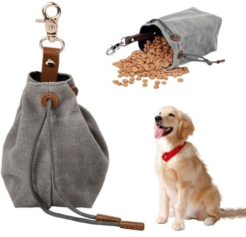 Shengxi Hundefuttertasche Tragbare, Leinwand Leckerlibeutel für Hunde mit Kordelzug, Hundefutterbeutel mit Metallhaken für Haustiertraining Spazierengehen Reisen (Grau)