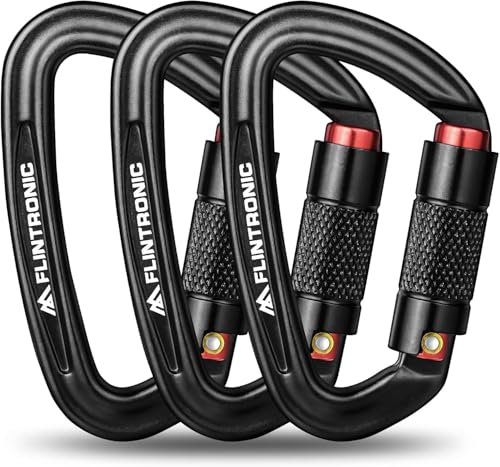 flintronic Karabiner mit Schraubverschluss, 3PCS 25KN Karabinerhaken Schraubverschluss, Karabiner mit 2500kg Belastbarkeit Schwerlast, für Hängematten, Camping, Wandern, Rucksack (Schwarz)