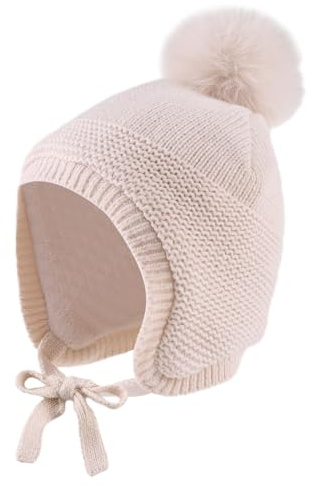 XIAOHAWANG Varm Earflap Baby Beanie Flicka Pojke Beanie Baby Vinter Mycket Liten Söt Pom Pom Fleece Hatt, Beige-mössa, 2-5 anni