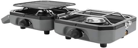 Tvåflammig gasgrill i rostfritt stål, balkongbord dubbel gasspis, camping gasspis med justerbara brännare och grillpanna, för camping, vandring, resor och uppkun